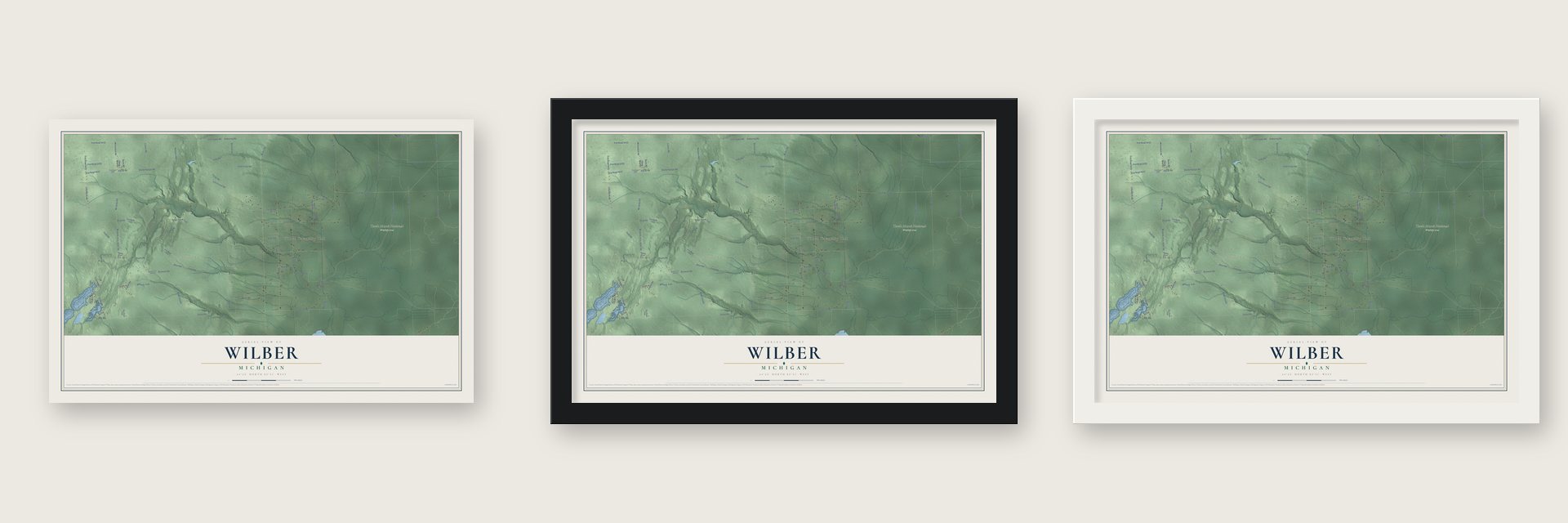 Wilber, Michigan map unframed, in a black wood frame and in a white wood frame