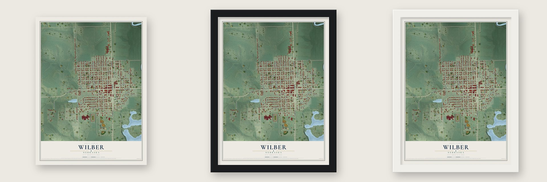 Wilber, Nebraska map unframed, in a black wood frame and in a white wood frame