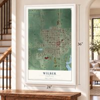 Wilber, Nebraska map, 24 x 36 inch print in a white frame by a staircase