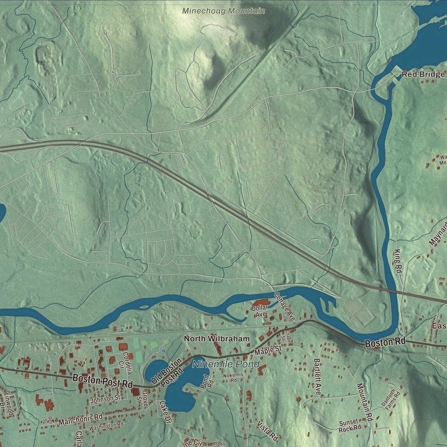Close-up of the map of Wilbraham, Massachusetts print showing terrain and local geography