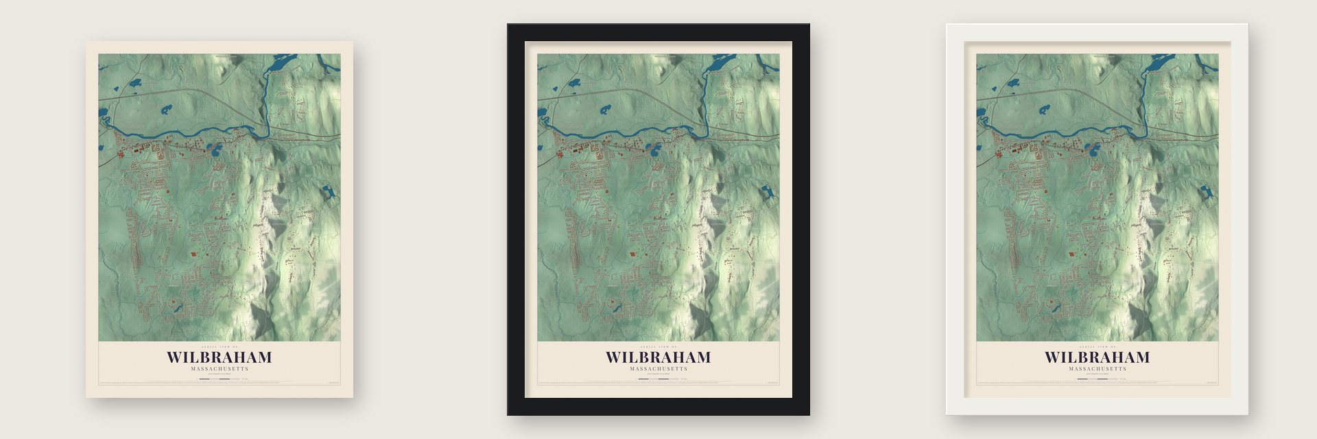 Wilbraham, Massachusetts map unframed, in a black wood frame and in a white wood frame