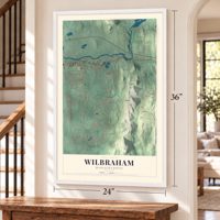 Wilbraham, Massachusetts map, 24 x 36 inch print in a white frame by a staircase