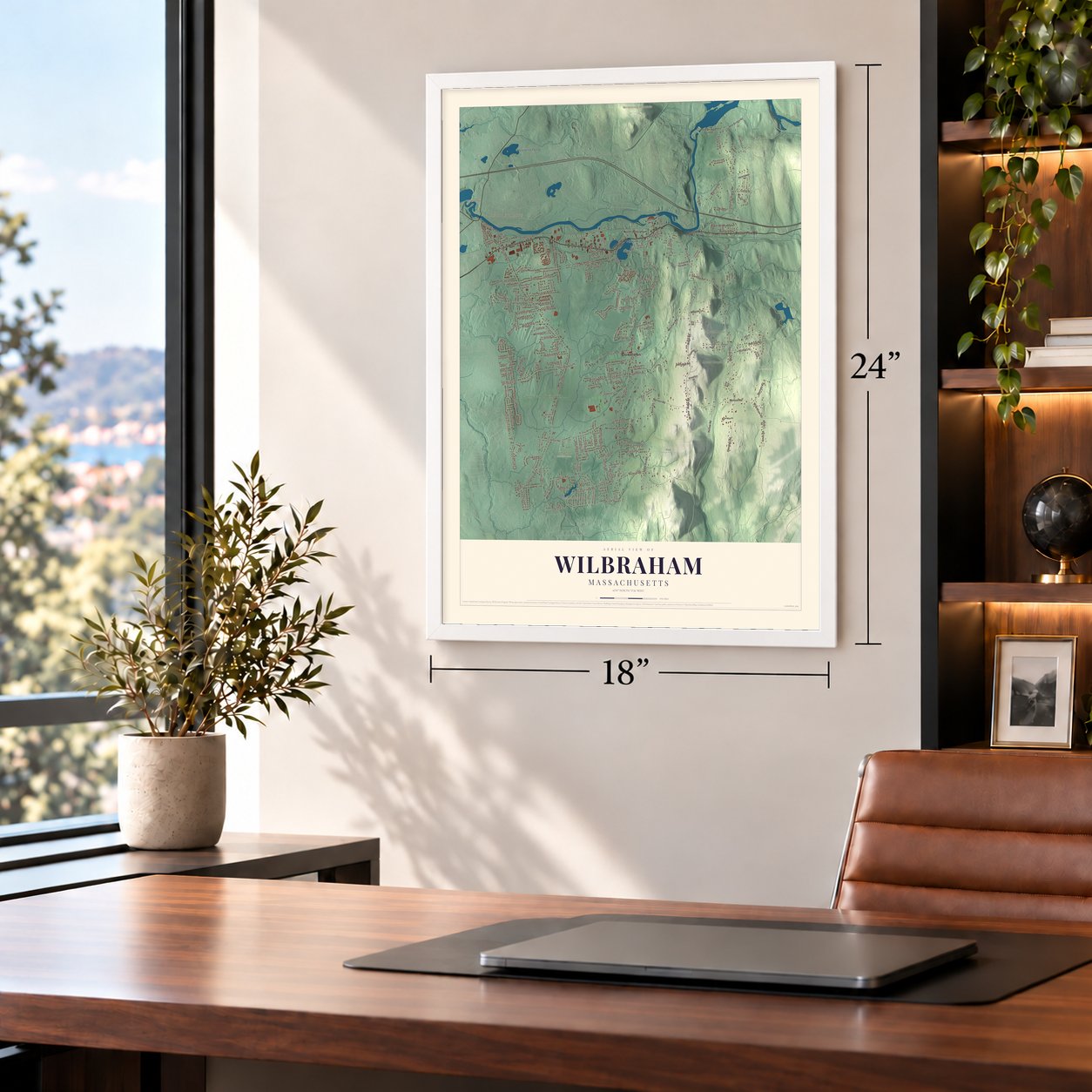 Wilbraham, Massachusetts map, 18 x 24 inch print in a white frame in a home office