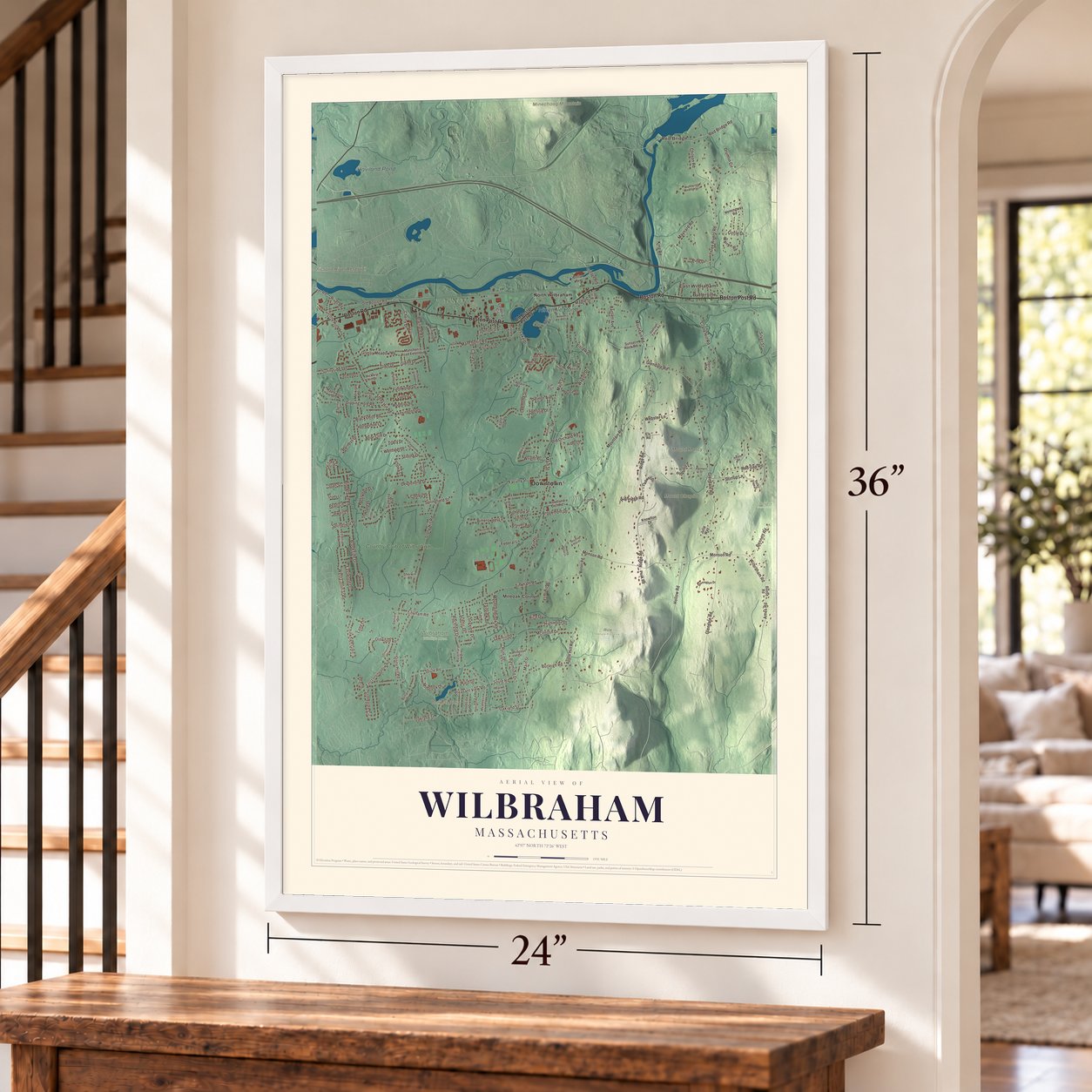 Wilbraham, Massachusetts map, 24 x 36 inch print in a white frame by a staircase