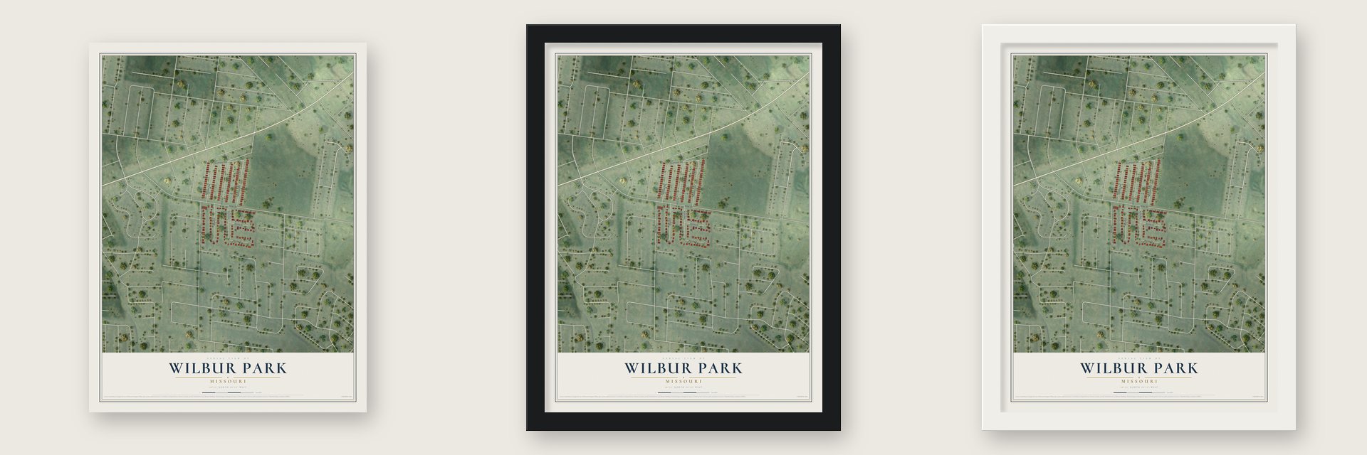 Wilbur Park, Missouri map unframed, in a black wood frame and in a white wood frame