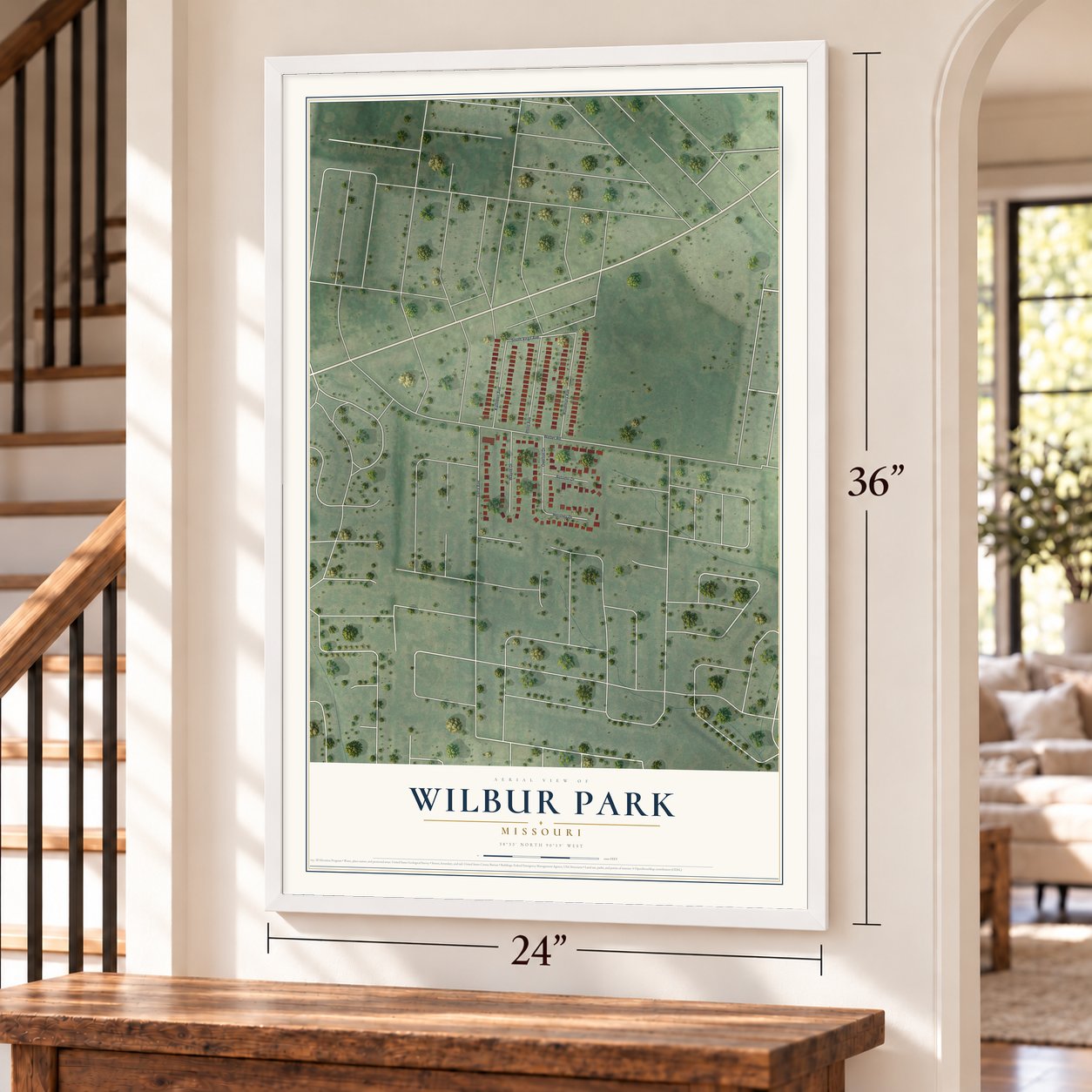 Wilbur Park, Missouri map, 24 x 36 inch print in a white frame by a staircase