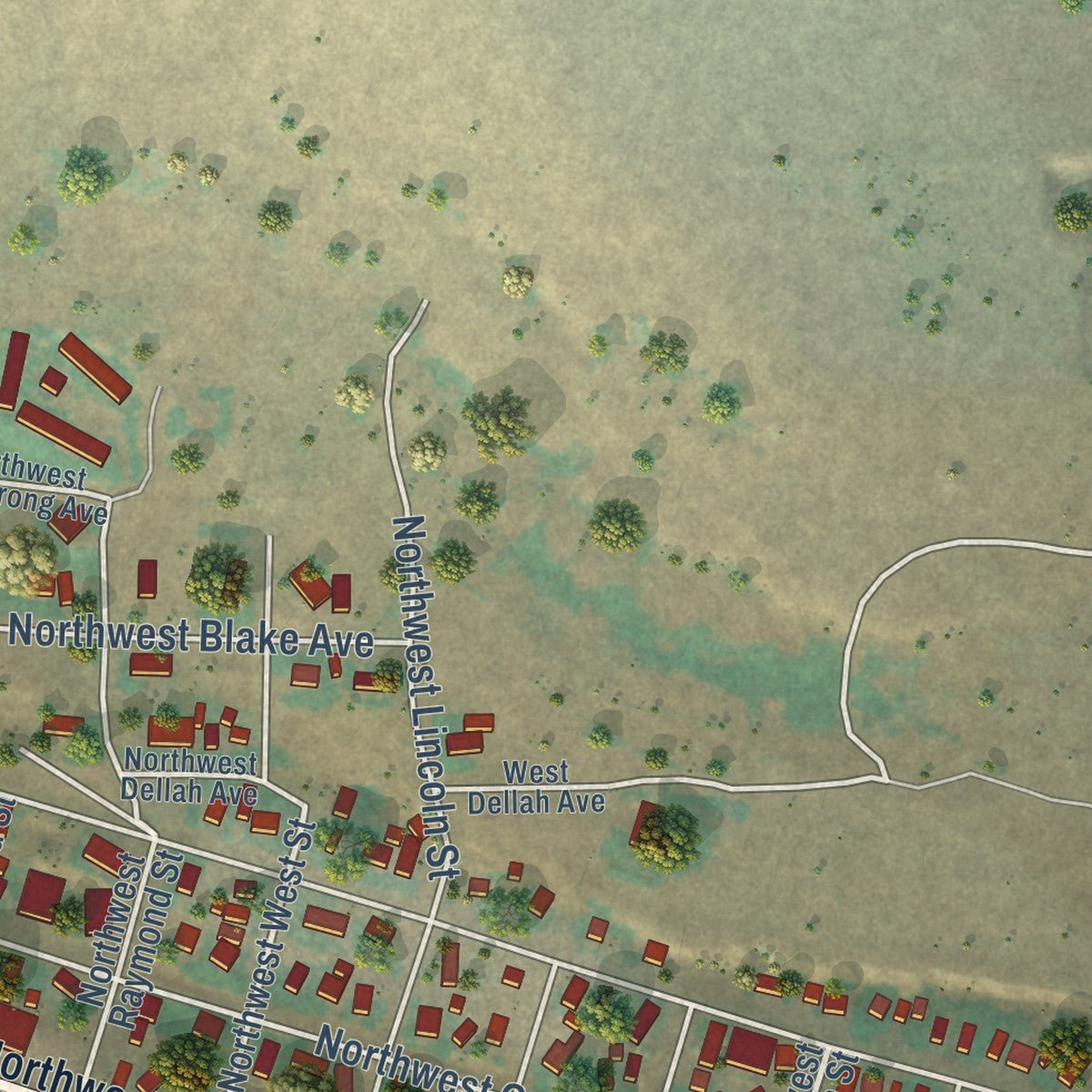 Second close-up of the map of Wilbur, Washington print showing more streets and buildings
