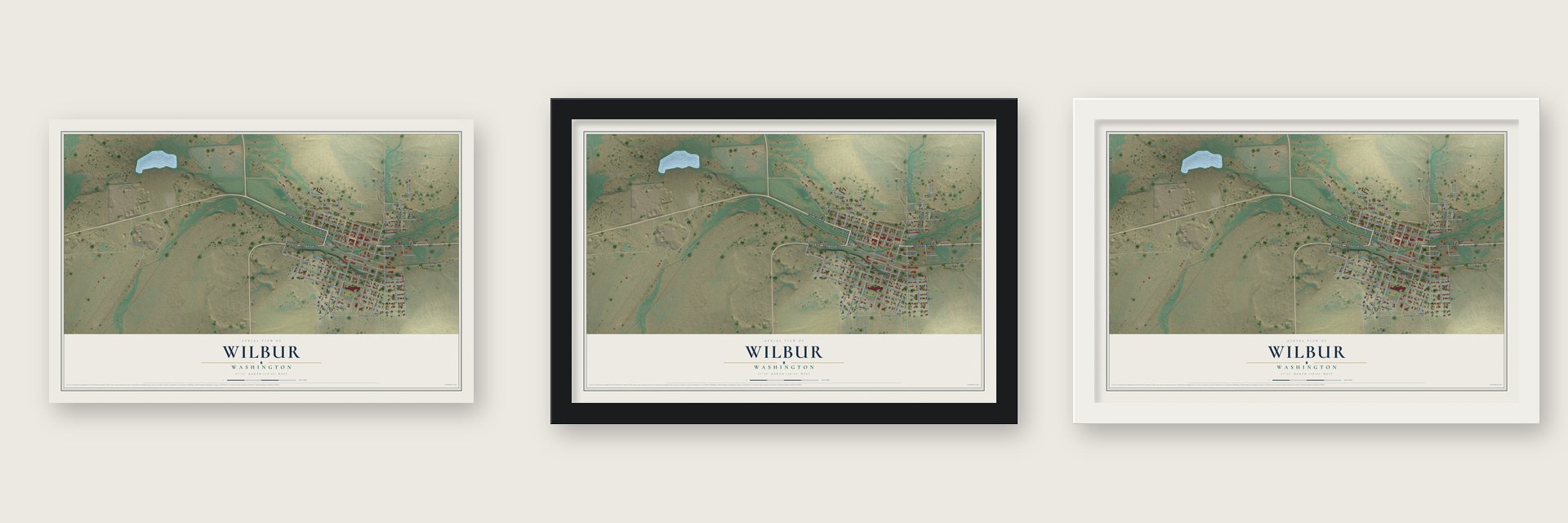 Wilbur, Washington map unframed, in a black wood frame and in a white wood frame