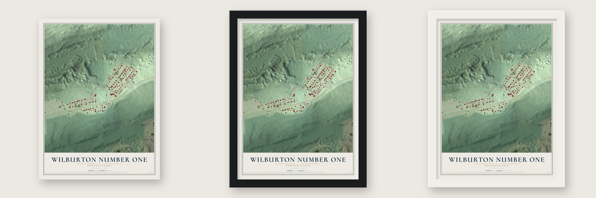 Wilburton Number One, Pennsylvania map unframed, in a black wood frame and in a white wood frame