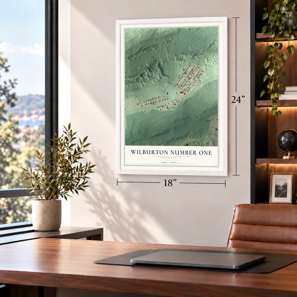 Wilburton Number One, Pennsylvania map, 18 x 24 inch print in a white frame in a home office