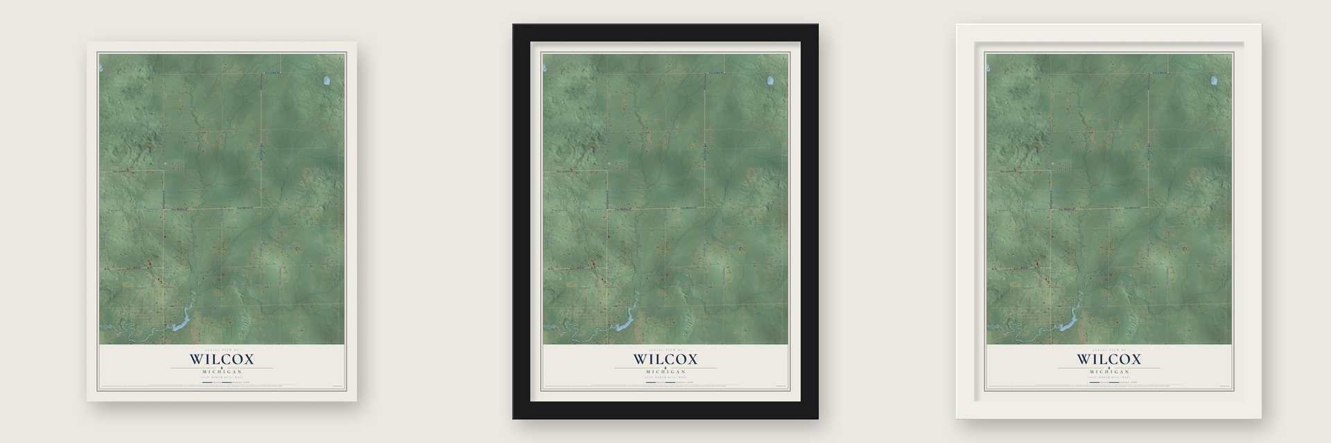 Wilcox, Michigan map unframed, in a black wood frame and in a white wood frame
