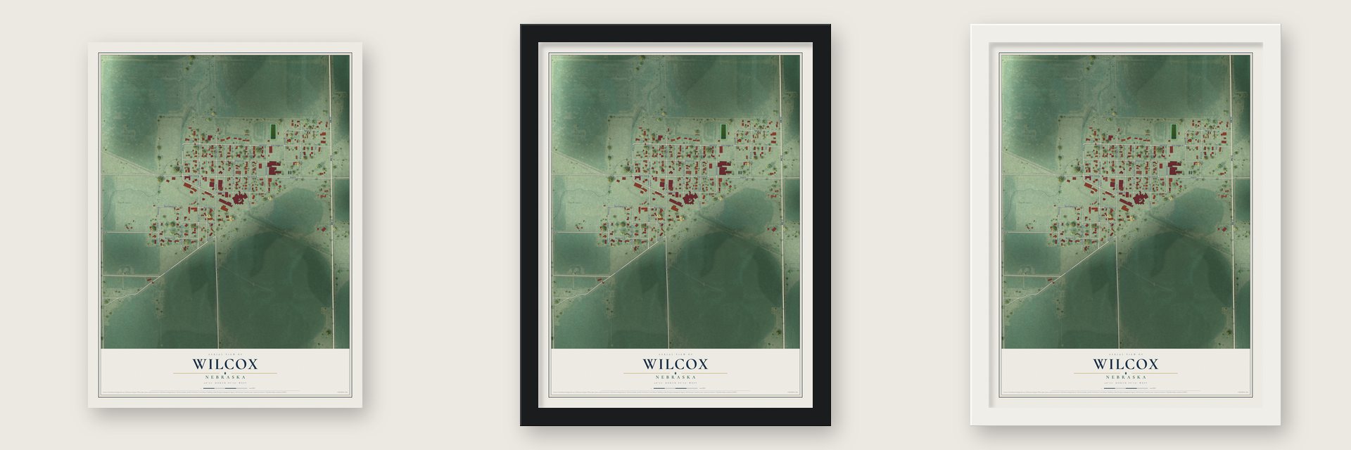 Wilcox, Nebraska map unframed, in a black wood frame and in a white wood frame