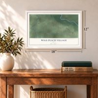 Wild Peach Village, Texas map, 12 x 18 inch print in a white frame in an entryway