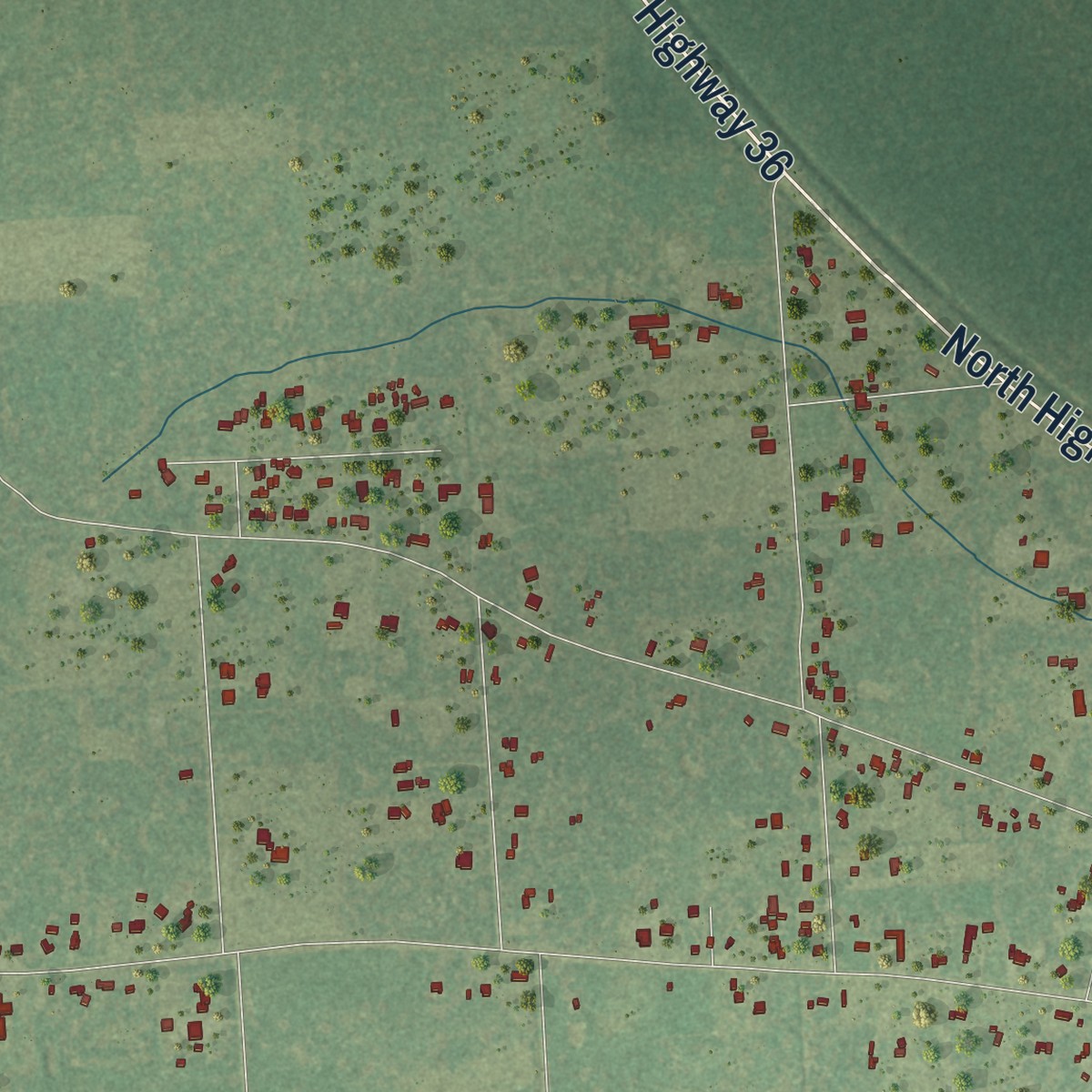 Second close-up of the map of Wild Peach Village, Texas print showing more streets and buildings