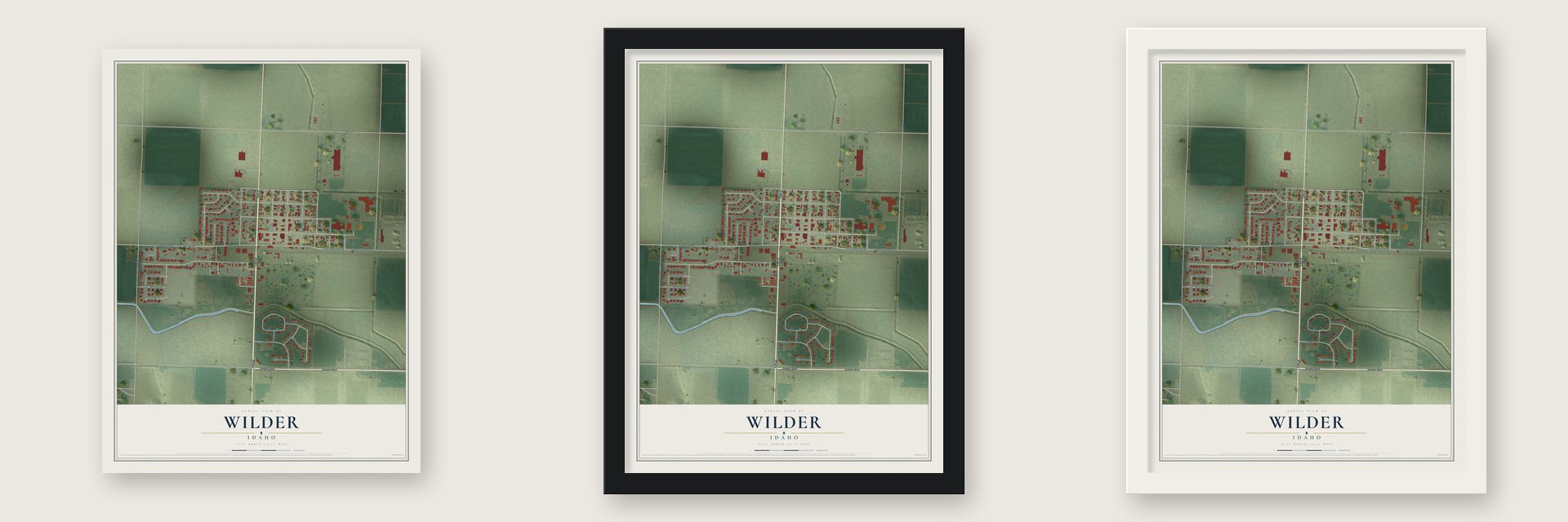 Wilder, Idaho map unframed, in a black wood frame and in a white wood frame