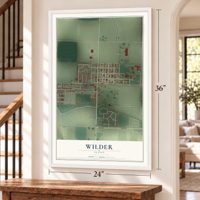 Wilder, Idaho map, 24 x 36 inch print in a white frame by a staircase