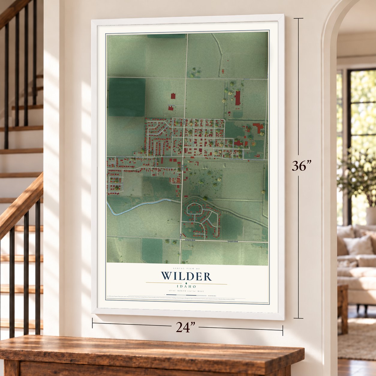 Wilder, Idaho map, 24 x 36 inch print in a white frame by a staircase