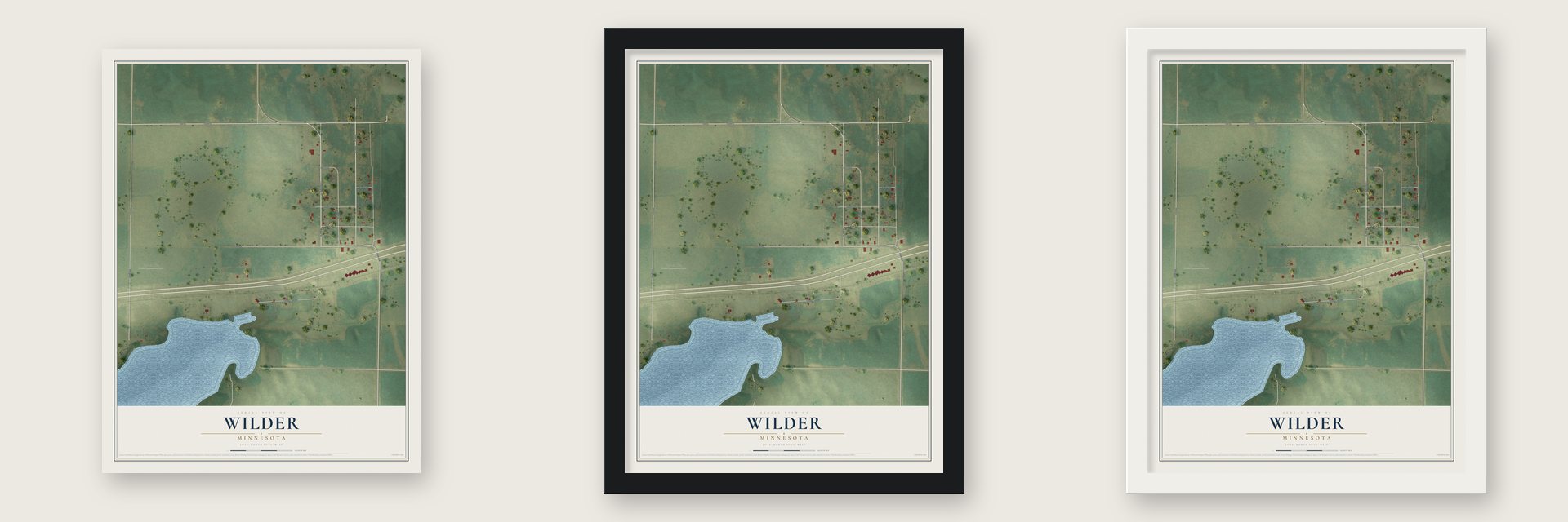 Wilder, Minnesota map unframed, in a black wood frame and in a white wood frame
