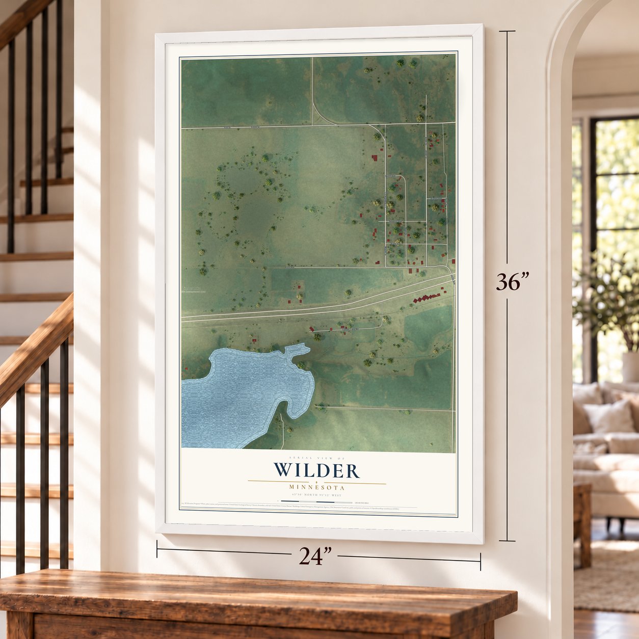 Wilder, Minnesota map, 24 x 36 inch print in a white frame by a staircase