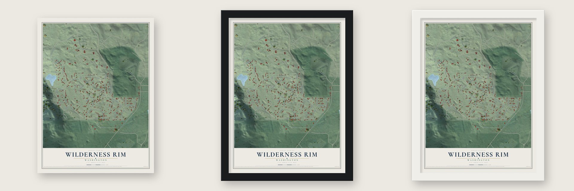Wilderness Rim, Washington map unframed, in a black wood frame and in a white wood frame