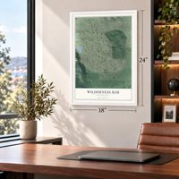 Wilderness Rim, Washington map, 18 x 24 inch print in a white frame in a home office