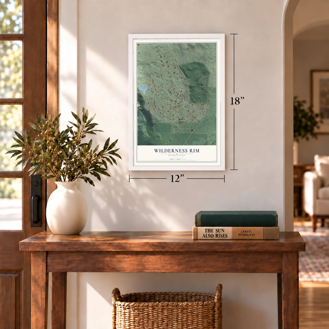 Wilderness Rim, Washington map, 12 x 18 inch print in a white frame in an entryway