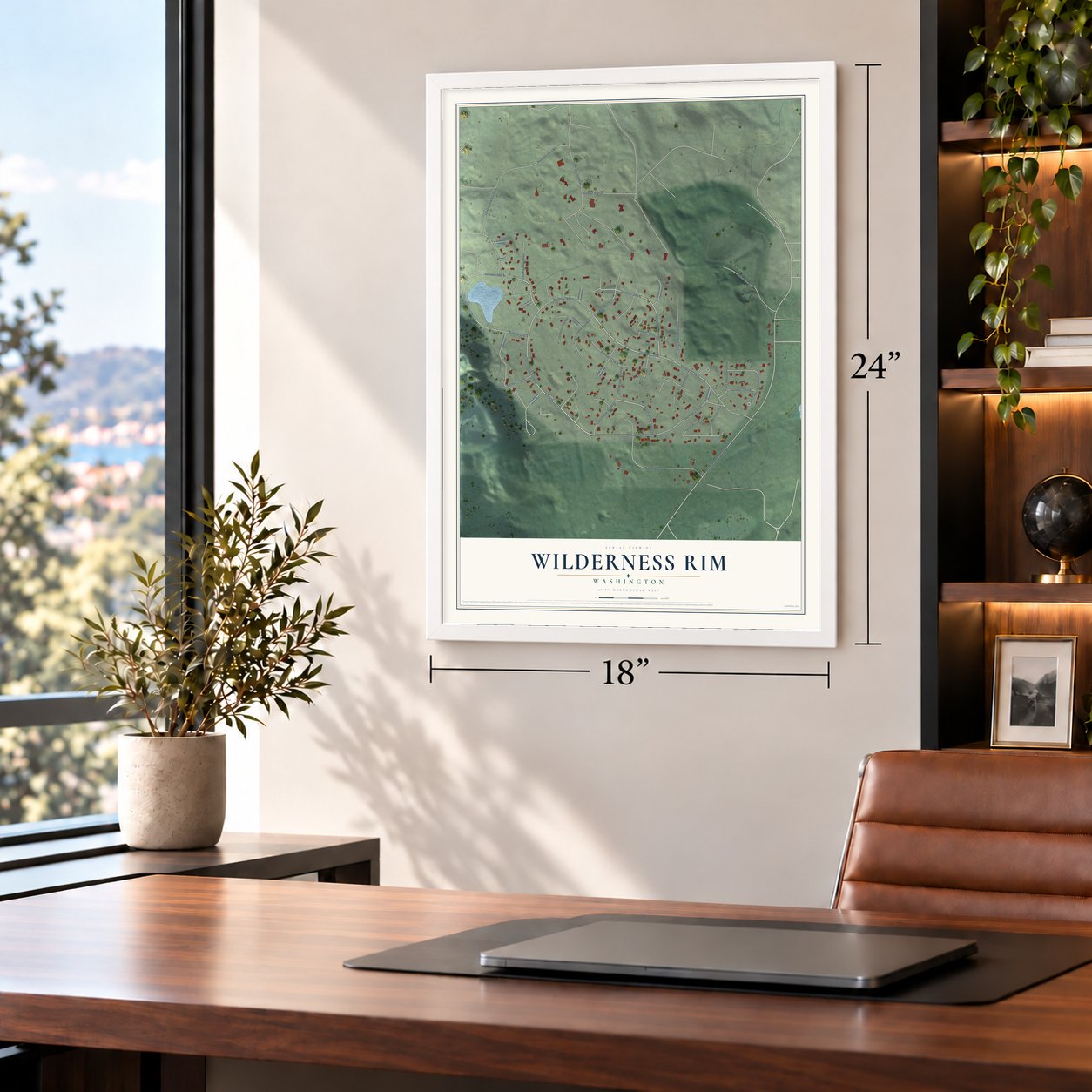 Wilderness Rim, Washington map, 18 x 24 inch print in a white frame in a home office