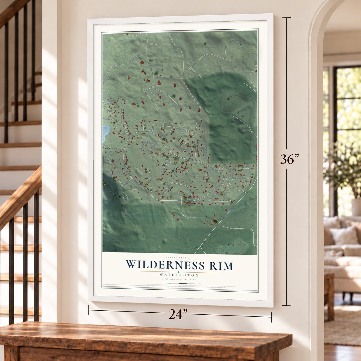 Wilderness Rim, Washington map, 24 x 36 inch print in a white frame by a staircase