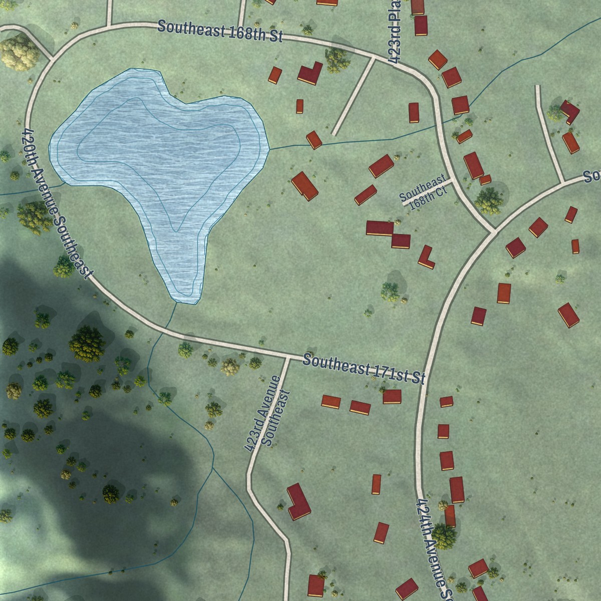 Second close-up of the map of Wilderness Rim, Washington print showing more streets and buildings
