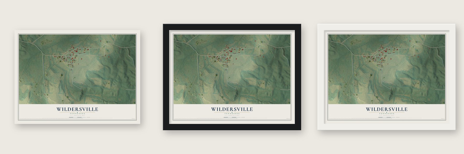 Wildersville, Tennessee map unframed, in a black wood frame and in a white wood frame