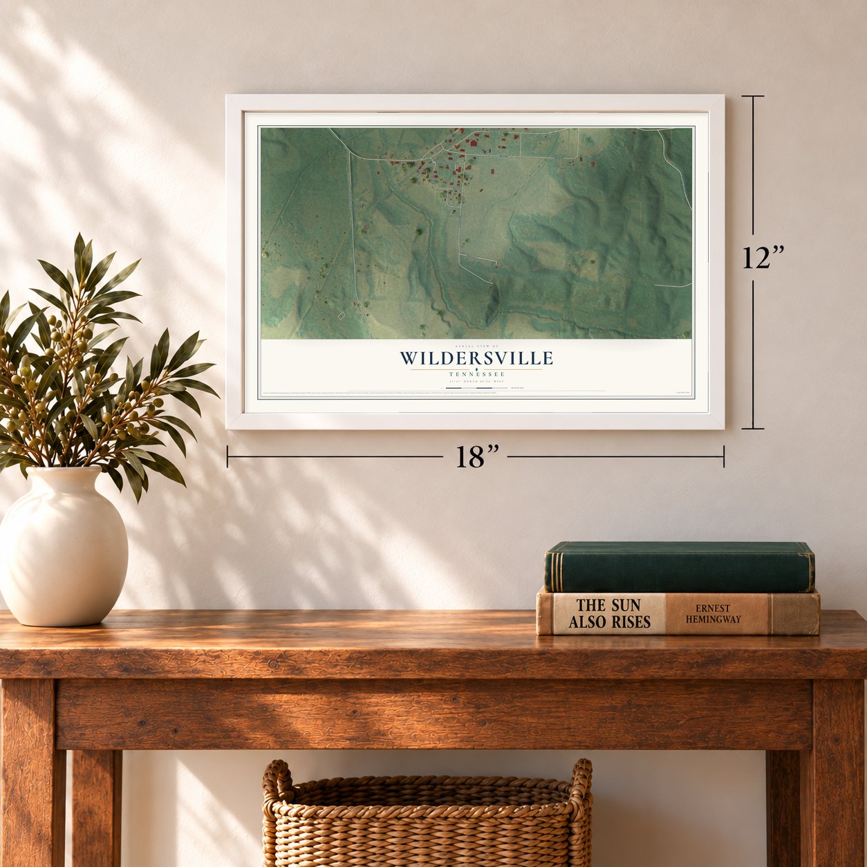 Wildersville, Tennessee map, 12 x 18 inch print in a white frame in an entryway