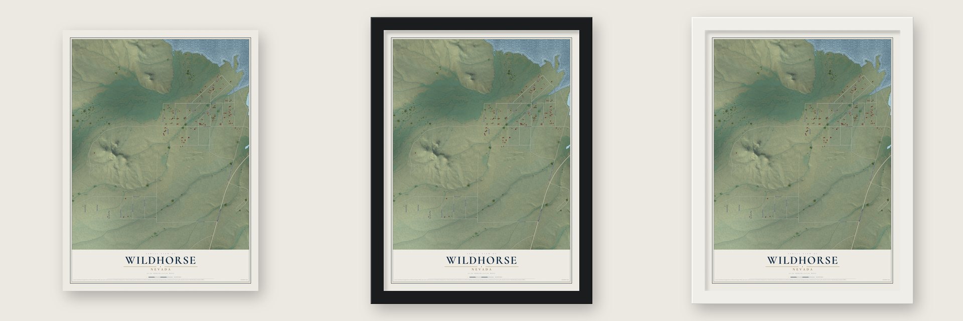 Wildhorse, Nevada map unframed, in a black wood frame and in a white wood frame