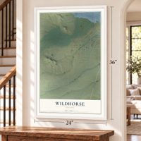 Wildhorse, Nevada map, 24 x 36 inch print in a white frame by a staircase