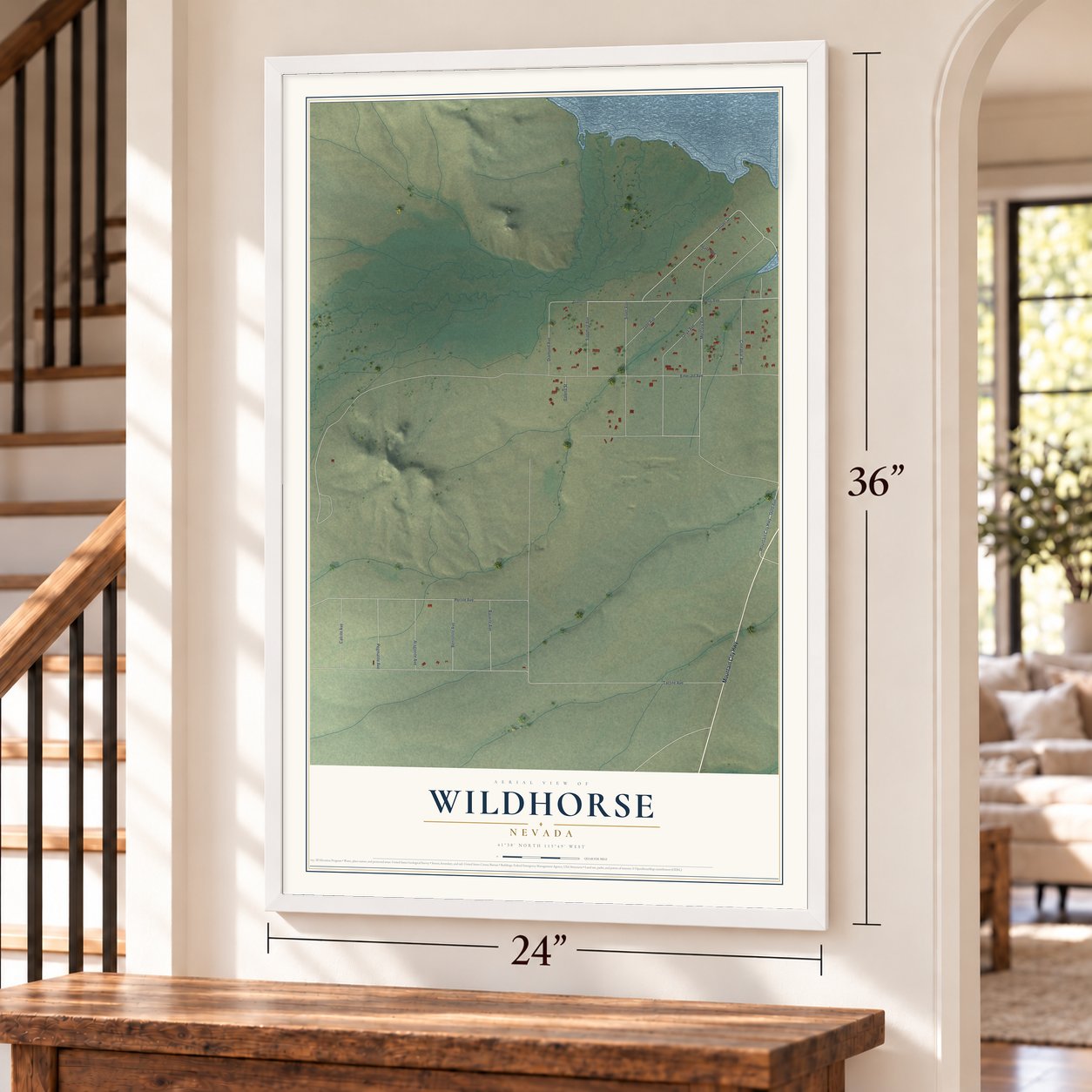 Wildhorse, Nevada map, 24 x 36 inch print in a white frame by a staircase