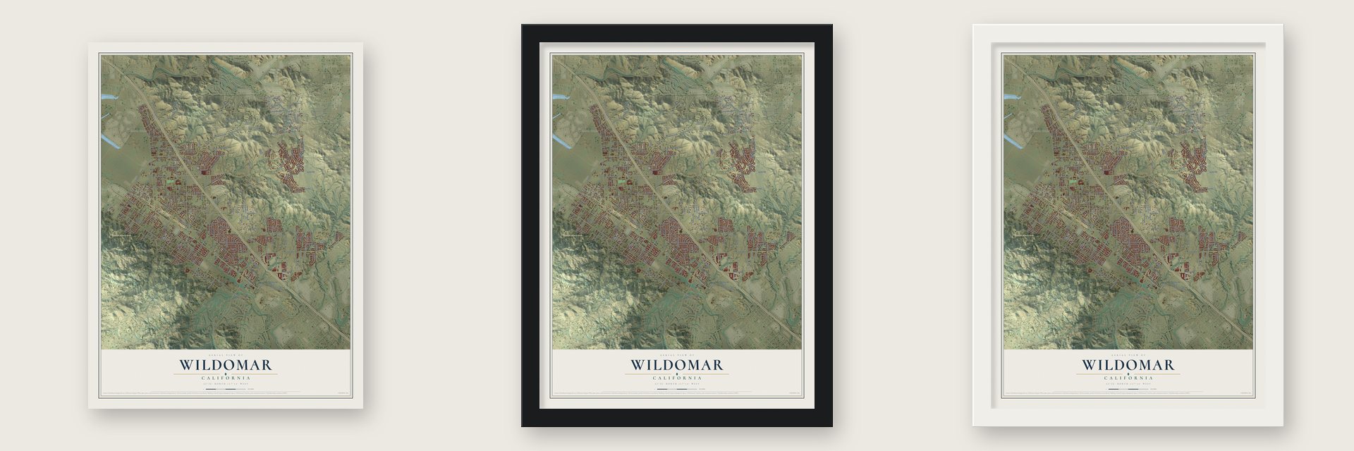 Wildomar, California map unframed, in a black wood frame and in a white wood frame