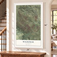 Wildomar, California map, 24 x 36 inch print in a white frame by a staircase