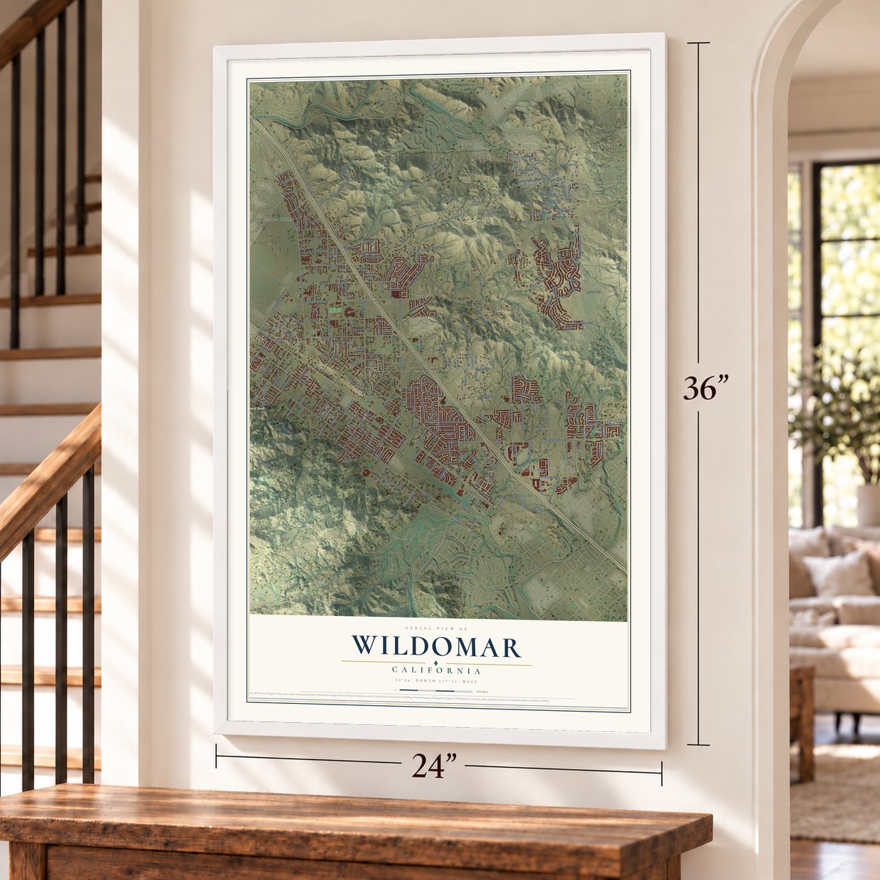 Wildomar, California map, 24 x 36 inch print in a white frame by a staircase