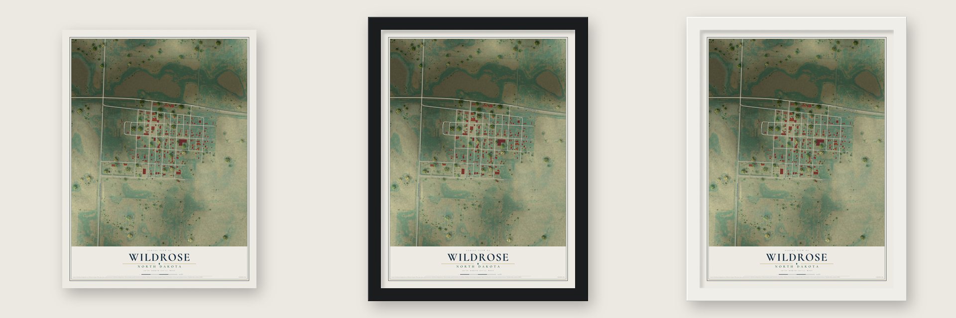 Wildrose, North Dakota map unframed, in a black wood frame and in a white wood frame