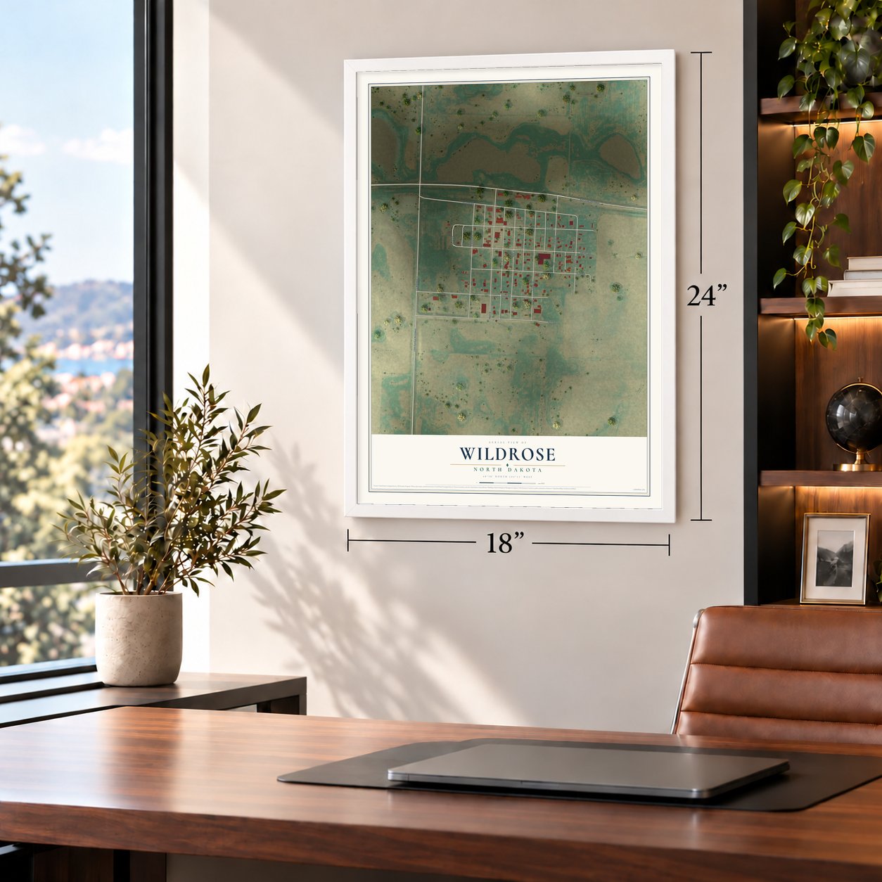 Wildrose, North Dakota map, 18 x 24 inch print in a white frame in a home office