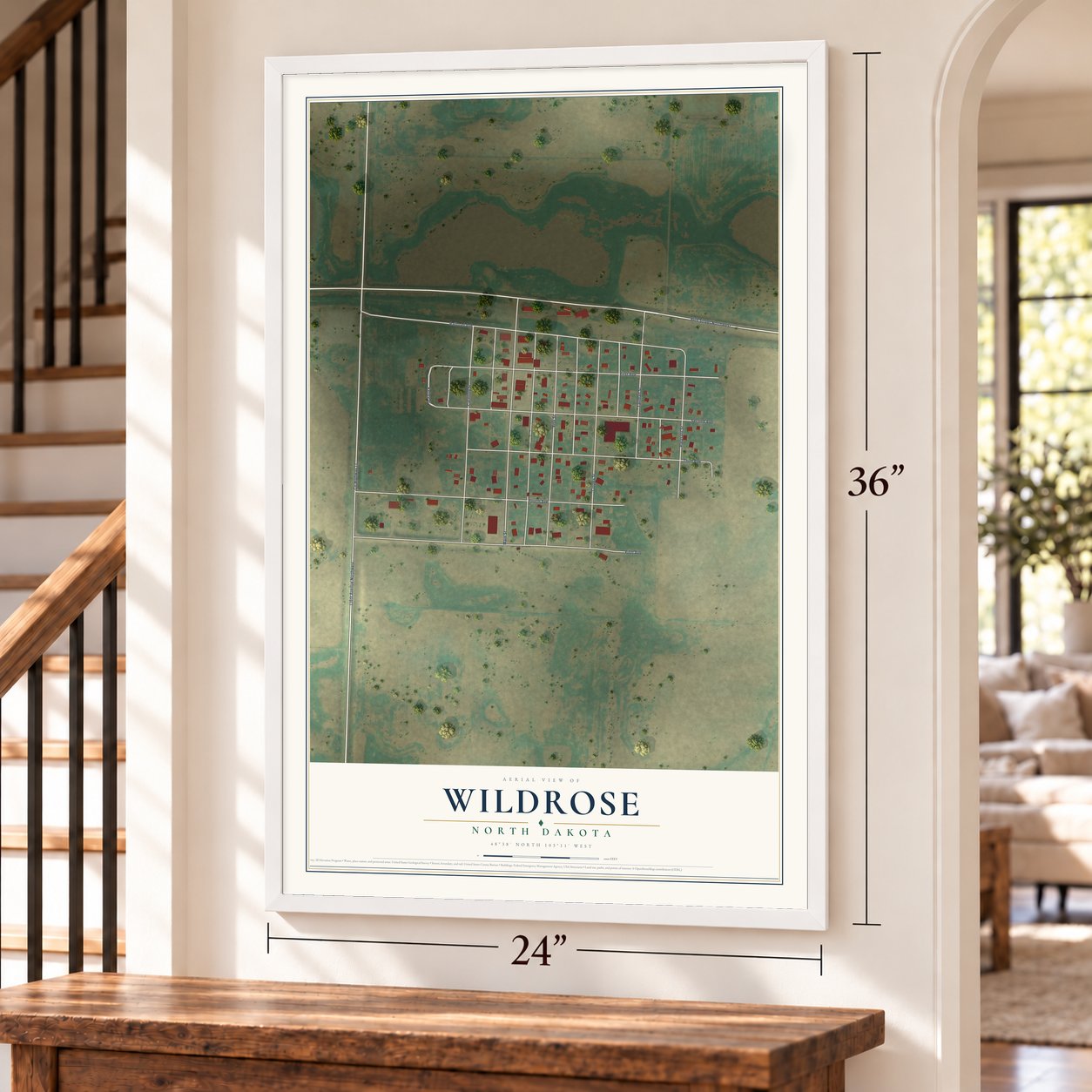 Wildrose, North Dakota map, 24 x 36 inch print in a white frame by a staircase