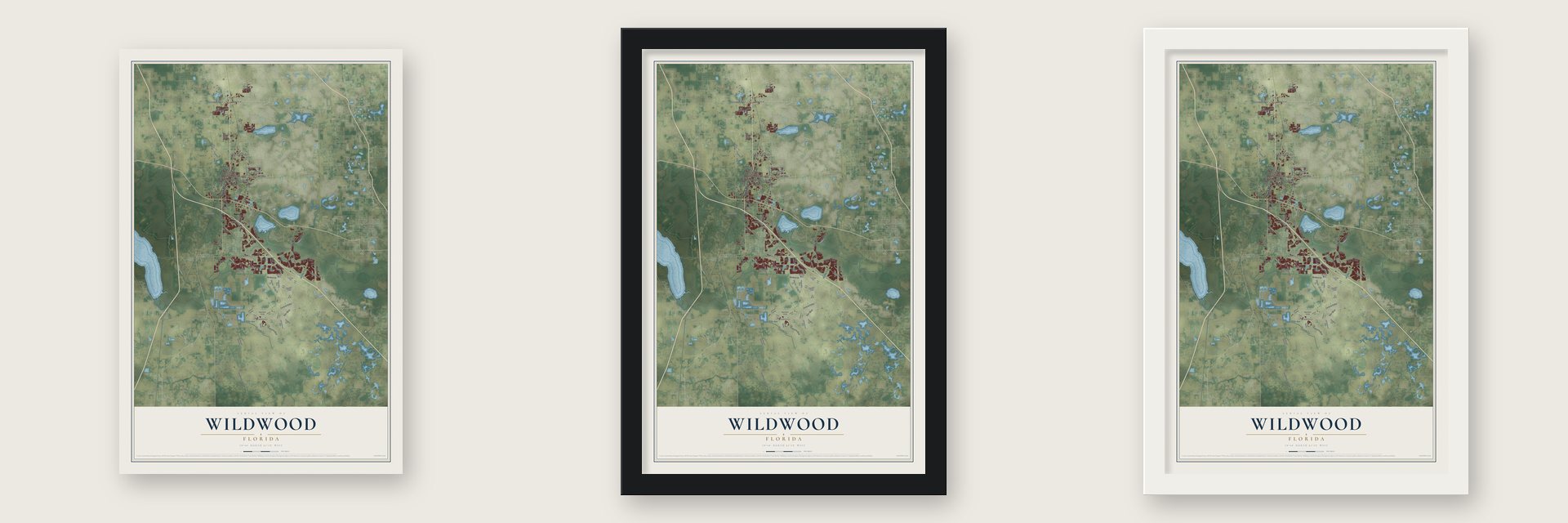 Wildwood, Florida map unframed, in a black wood frame and in a white wood frame