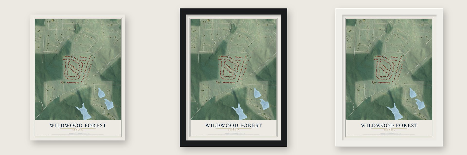 Wildwood Forest, Georgia map unframed, in a black wood frame and in a white wood frame