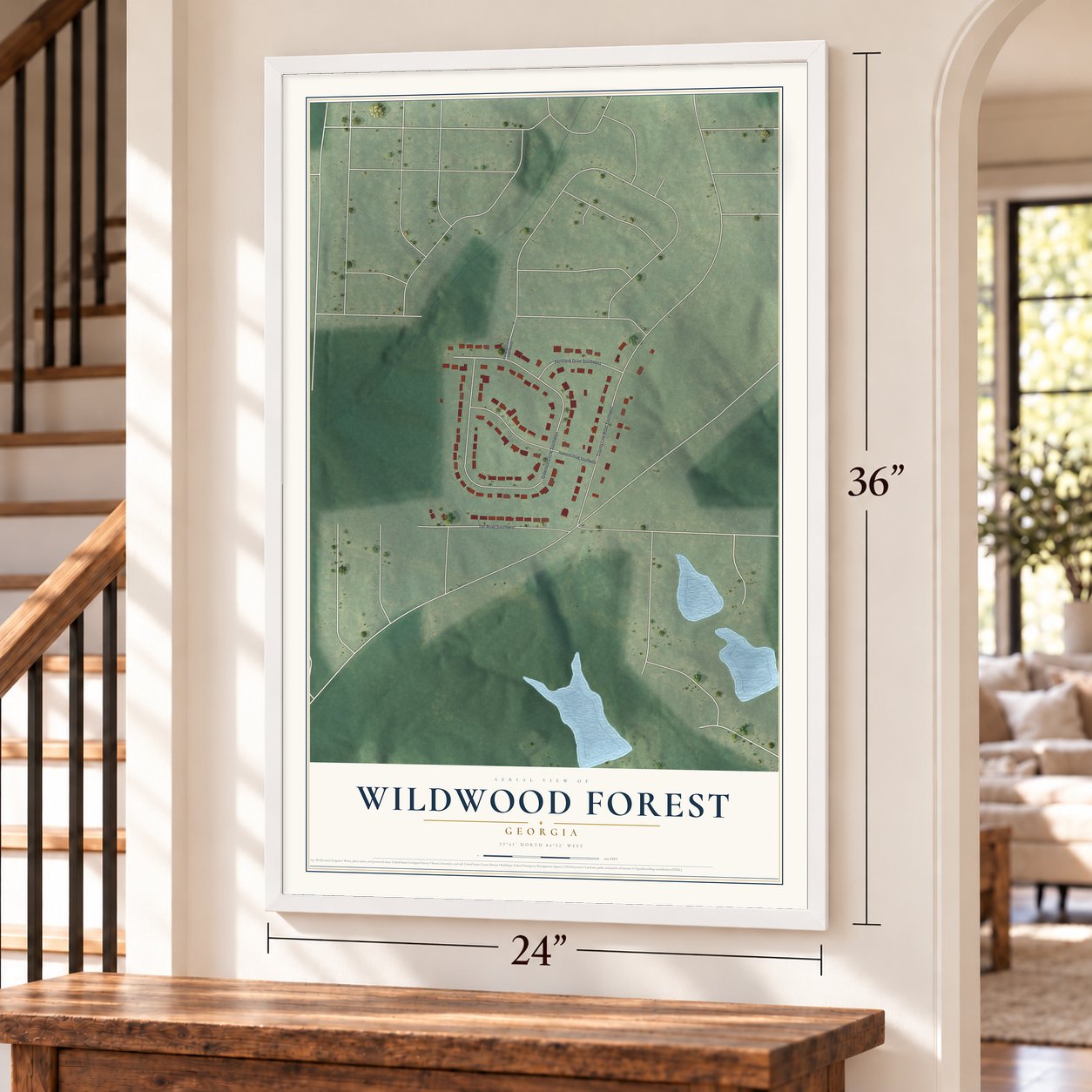 Wildwood Forest, Georgia map, 24 x 36 inch print in a white frame by a staircase