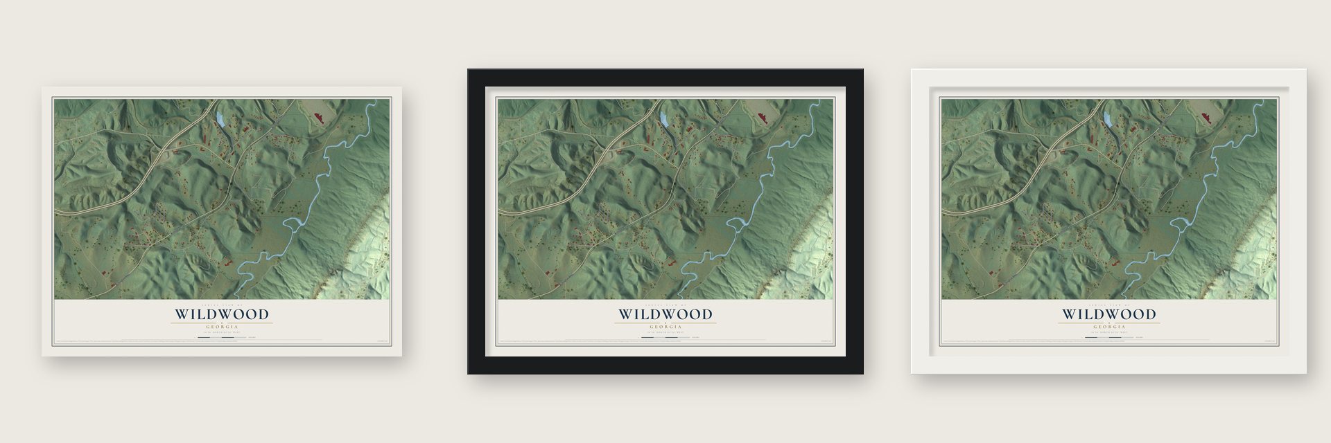 Wildwood, Georgia map unframed, in a black wood frame and in a white wood frame