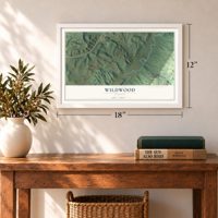 Wildwood, Georgia map, 12 x 18 inch print in a white frame in an entryway