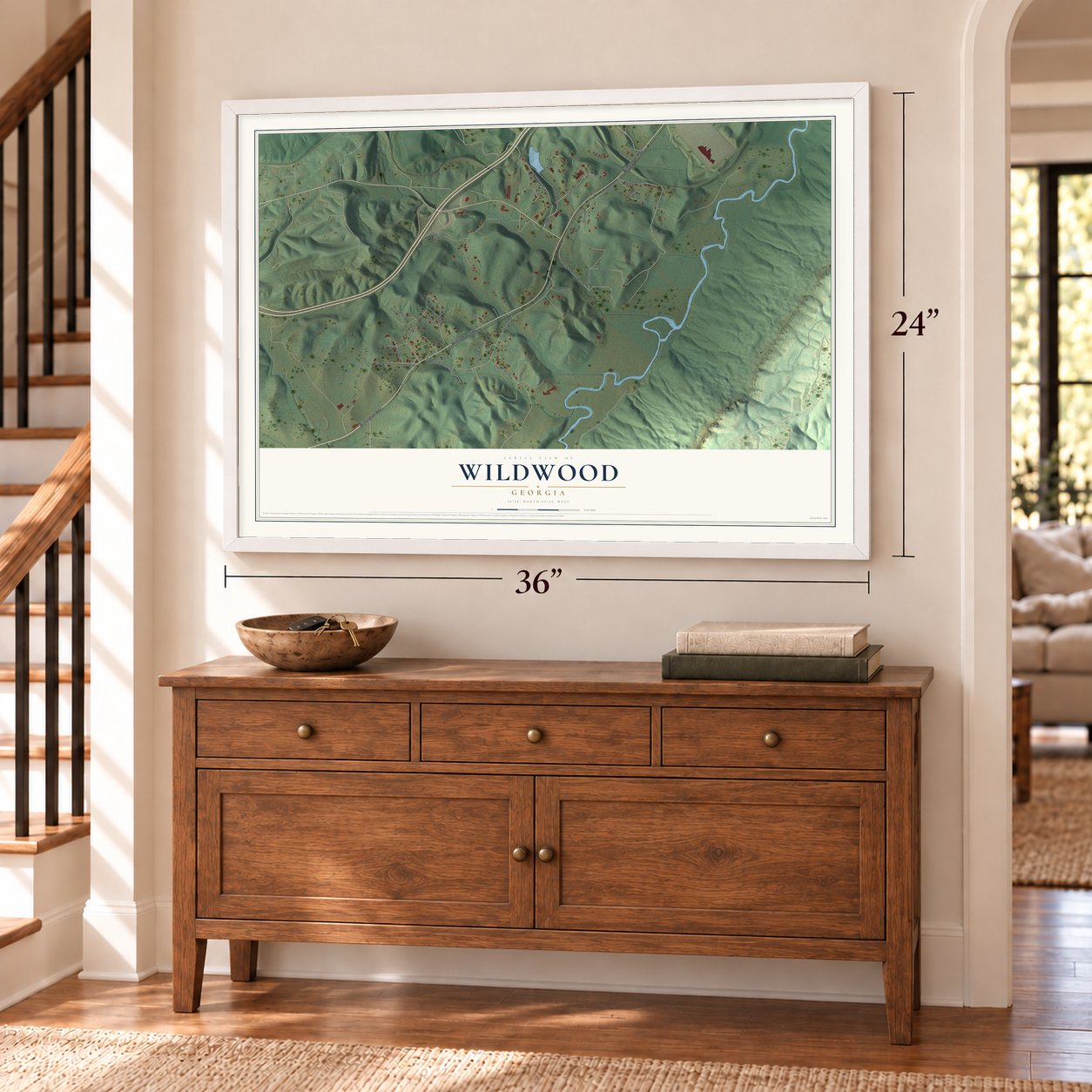 Wildwood, Georgia map, 24 x 36 inch print in a white frame above a dresser by a staircase