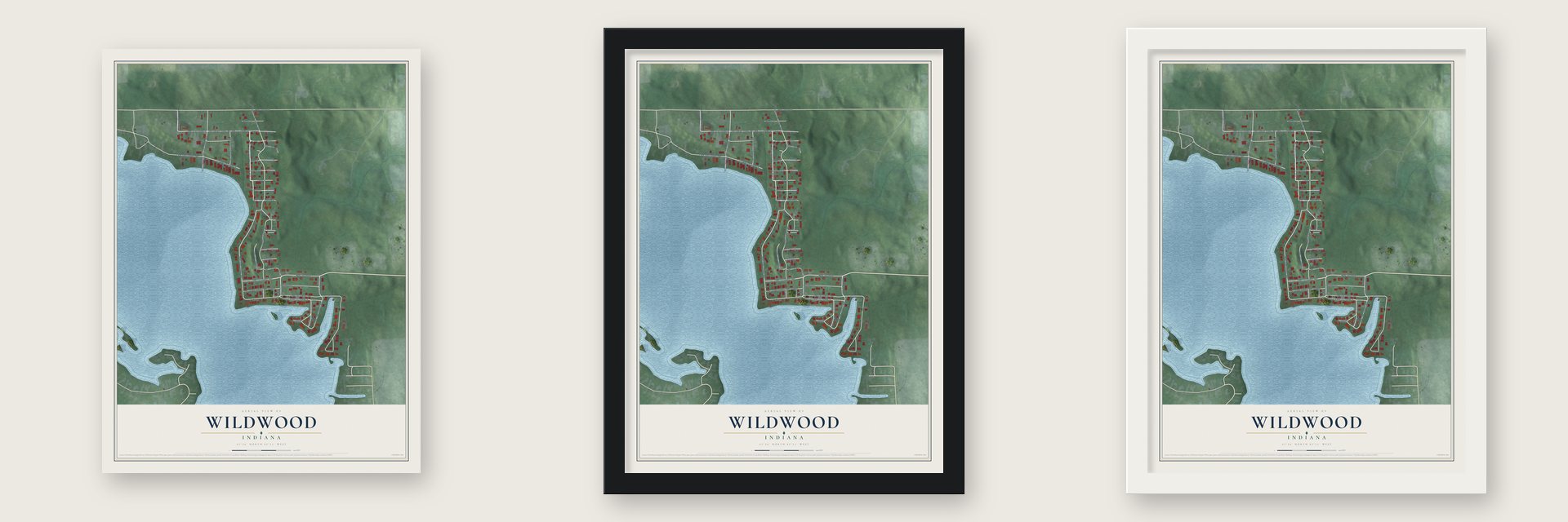 Wildwood, Indiana map unframed, in a black wood frame and in a white wood frame