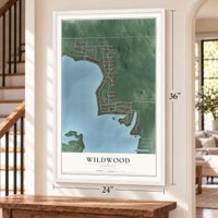 Wildwood, Indiana map, 24 x 36 inch print in a white frame by a staircase