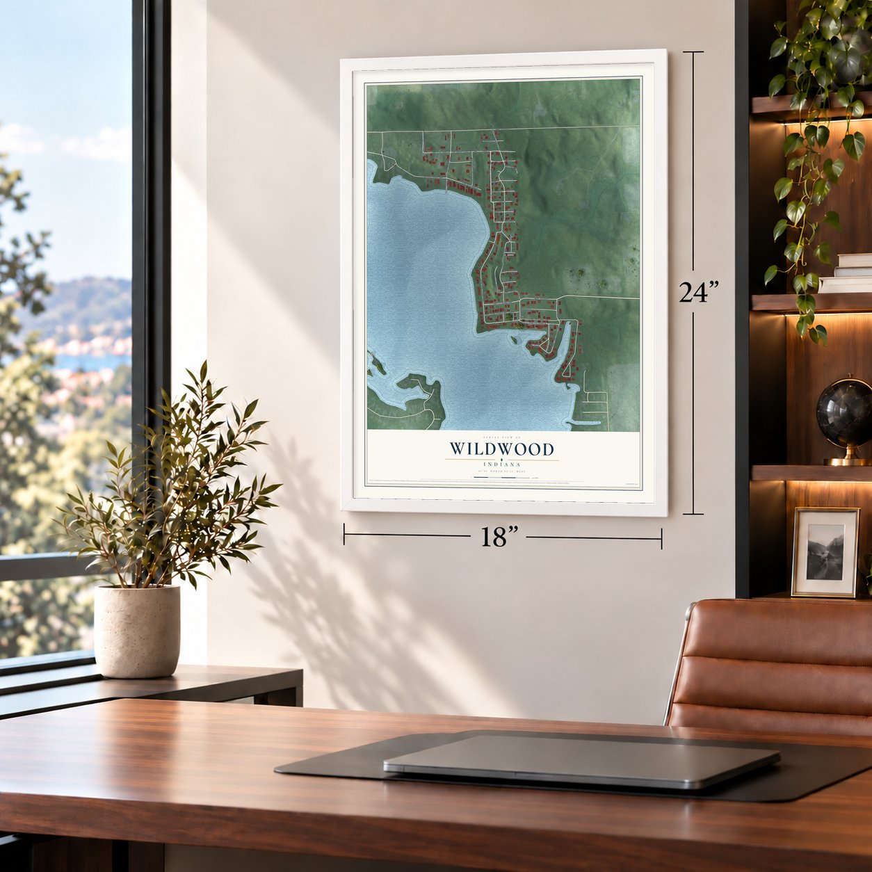 Wildwood, Indiana map, 18 x 24 inch print in a white frame in a home office