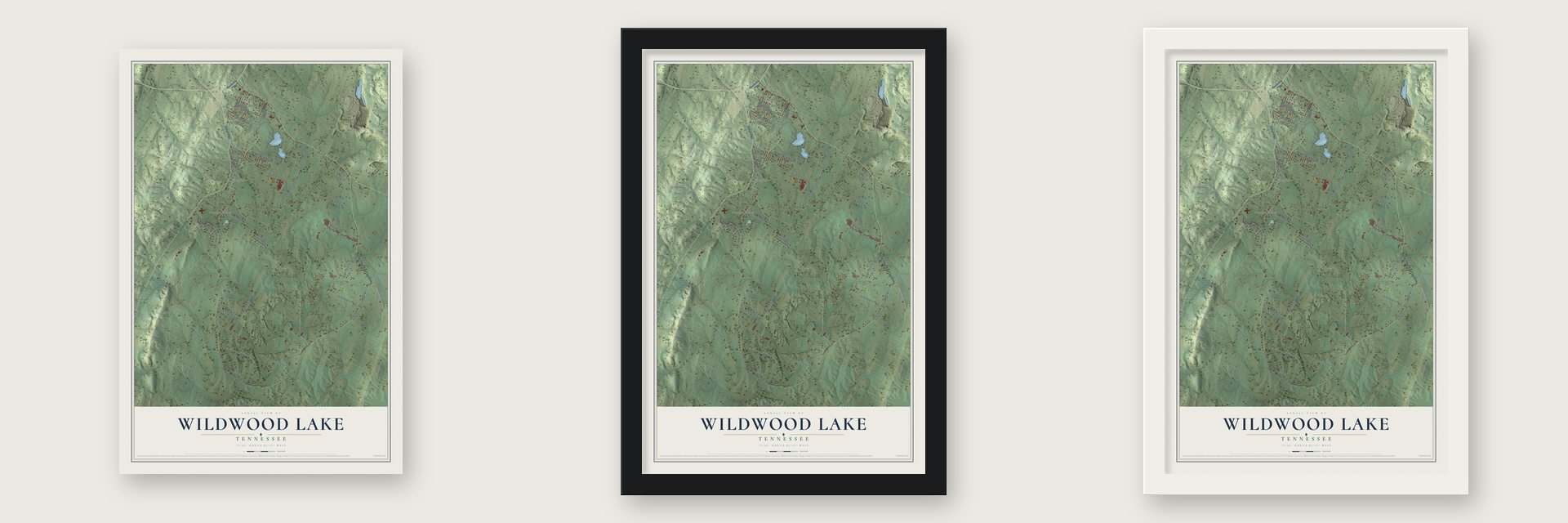 Wildwood Lake, Tennessee map unframed, in a black wood frame and in a white wood frame